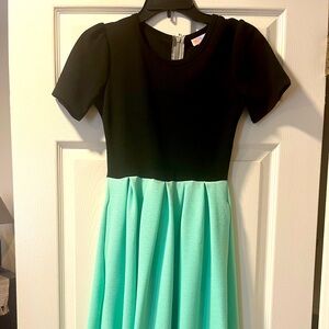 Size XS - LuLaRoe fit & flare black & mint green zipper-back dress.
